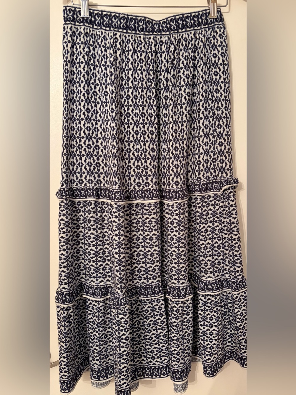 Max Studio Navy and White Printed Tiered Maxi Skirt
